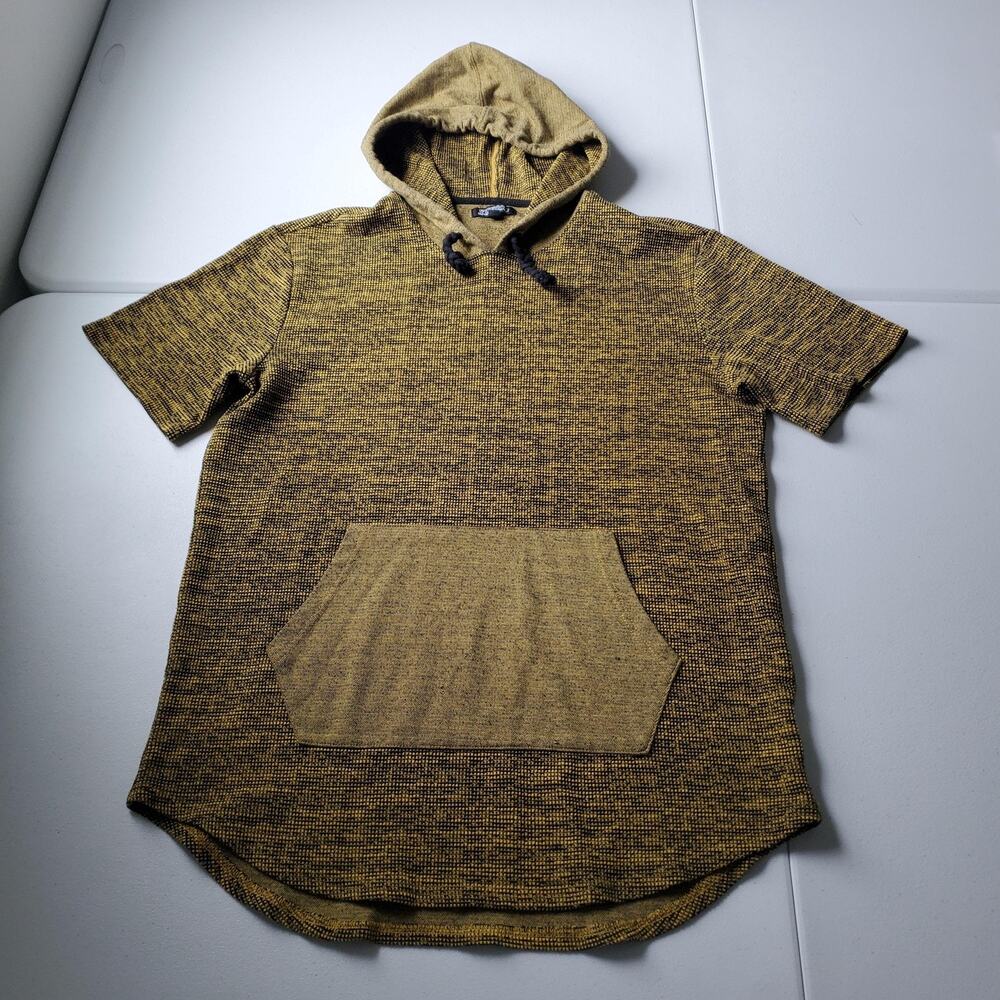 Elwood Hooded Shirt Mens Medium Yellow Knit Colorblock Short Sleeve Curved Hem
